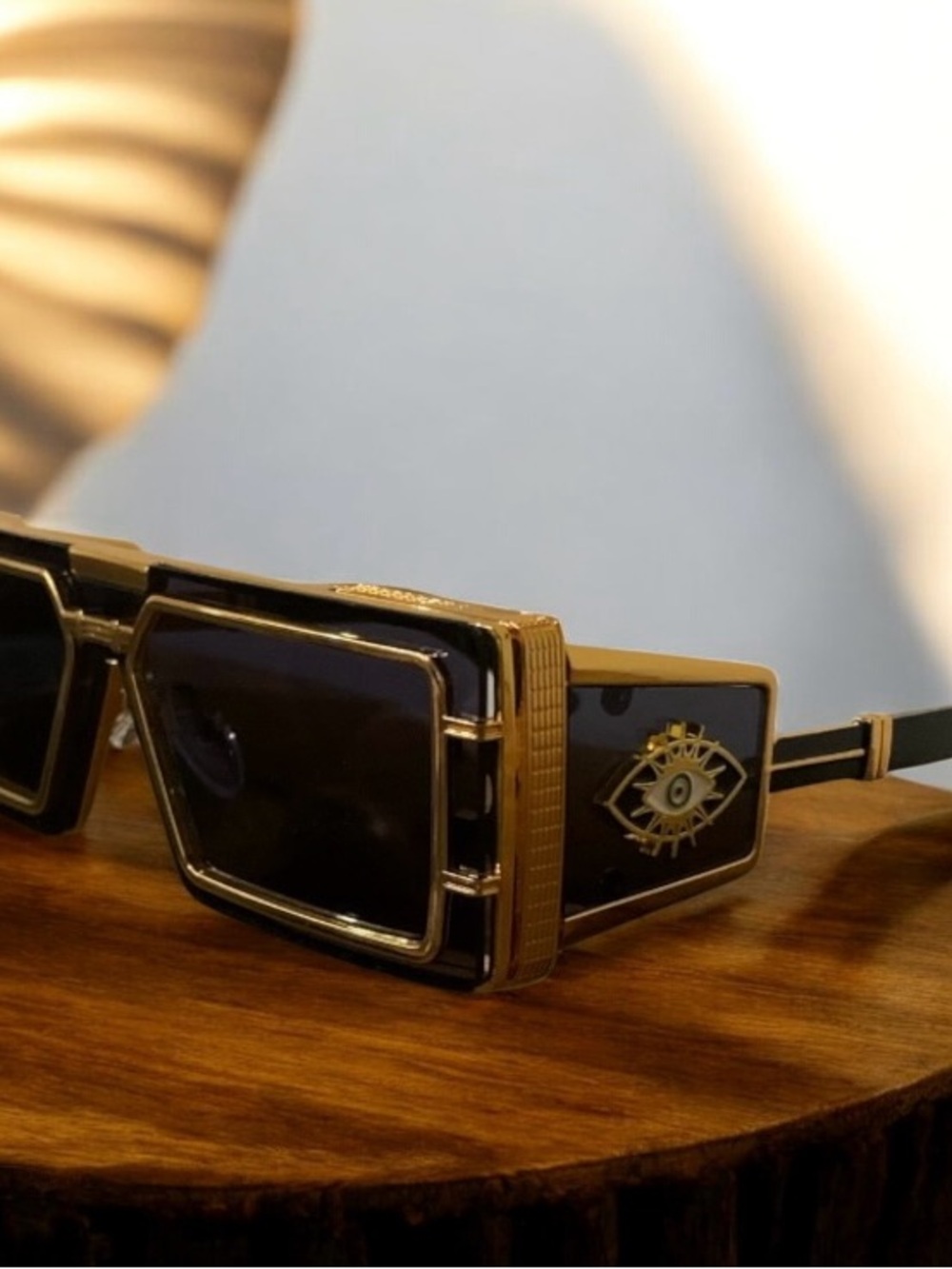 Gold and Black Rectangular Men's Sunglasses with Decorative Side Emblem
